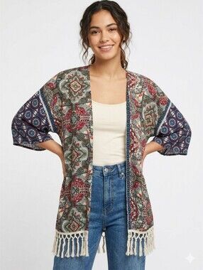 Justify Woman's Boho Style Paisley Multicolor Patchwork Kimono